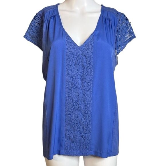 Anthropologie Meadow Rue Short Sleeve Crochet V Neck Top Blue Size Medium - Picture 1 of 4